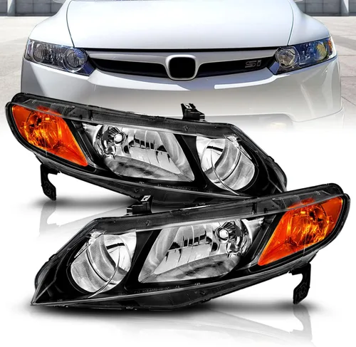 AmeriLite JDM - Juego de faros delanteros halógenos de repuesto negros para Honda Civic Sedan 2006-2011 de 4 puertas/híbrido, lado del pasajero y