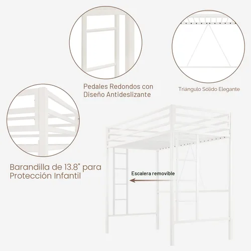 Miniatura 5 de ikalido - Cama elevada de metal tamaño individual con barandilla de seguridad y escalera, no requiere somier, ahorra espacio, mueble para Blanco