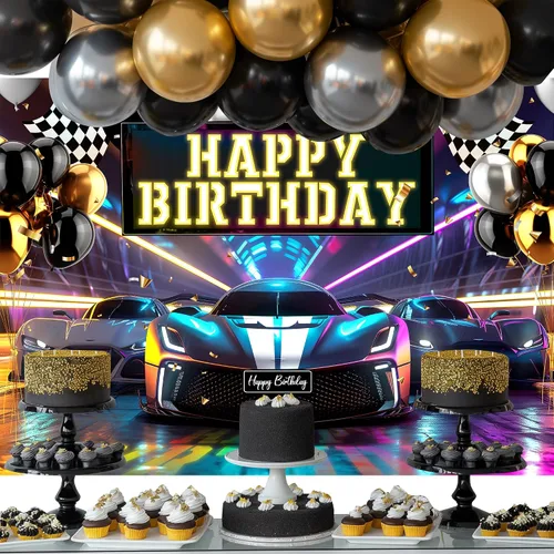 Miniatura 4 de Riyidecor Telón de fondo de feliz cumpleaños de coche de carreras, bandera de cuadros negros y blancos de neón de 5 pulgadas de ancho x 3 pies