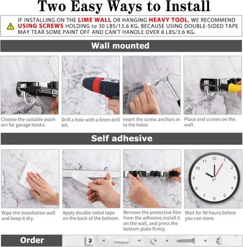 Miniatura 5 de 3 estantes y 4 ganchos Soporte para escoba y fregona con montaje en pared Organizador de garaje Estantes de almacenamiento para herramientas de 3