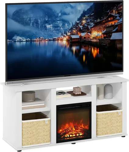 Miniatura 19 de Furinno Soporte clásico de TV de 70 pulgadas con chimenea, roble francés gris gris roble francés