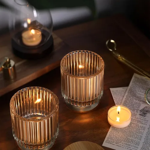 Miniatura 7 de DEVI Frascos de Velas de Vidrio Transparente Acanalado Vacíos de 7 oz para Hacer Velas, Juego de 8, Frascos de Velas de Vidrio con Tapas de Bambú