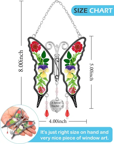 Miniatura 8 de KY &BOSAM - Atrapa luz de vitral con mariposa de color, con la frase A special teacher. Campanilla para el viento, como regalo para la profesora