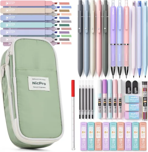 Miniatura 10 de Nicpro Juego de 50 artículos escolares con estuche para lápices, 6 bolígrafos de gel y recargas, 12 resaltadores, 6 lápices mecánicos artísticos, 12