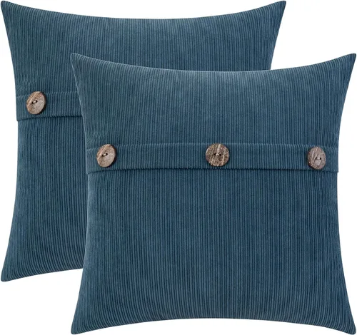HWY 50 - Juego de fundas decorativas de chenilla azul para almohadas de 16x16 pulgadas con botones triples, suaves y con acento de granja, fundas de
