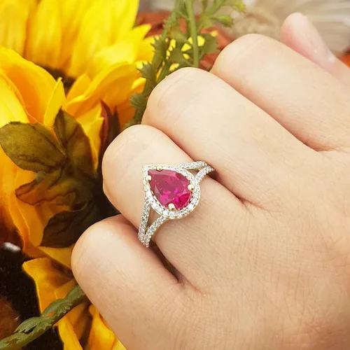 Miniatura 23 de Dazzlingrock Collection Anillo de compromiso con forma de lágrima y diamante blanco natural redondo de 0.45 quilates con halo de diamantes blancos
