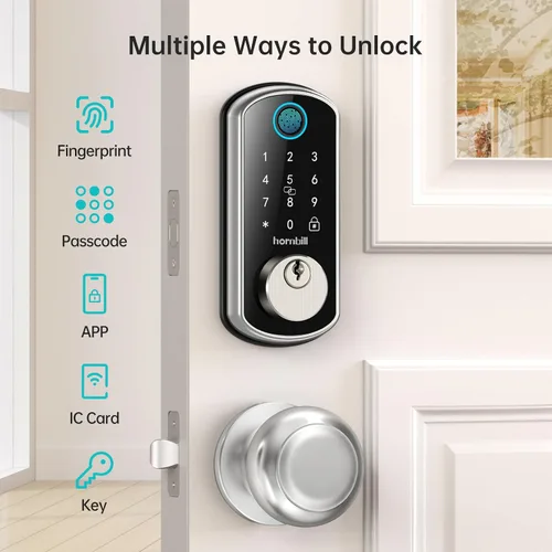 Miniatura 2 de Cerradura de puerta inteligente WiFi: cerradura de puerta de entrada sin llave con asa, cerradura inteligente de huellas dactilares con 2 perillas