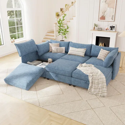 Miniatura 39 de 95.5" Sofá seccional modular de chenilla con almacenamiento oculto, sofá cama convertible en forma de L y U, sofá seccional moderno de 6 plazas