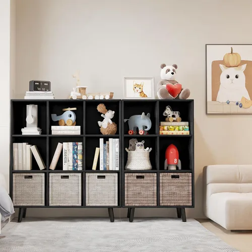 Miniatura 9 de Estantería abierta de 6 cubos, estantería de madera de 3 niveles con patas y panel posterior, ideal para contenedores de almacenamiento de tela