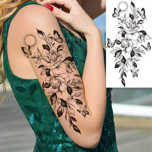 Miniatura 2 de 10 hojas de tatuajes temporales realistas de flores de rosas para mujeres, muslos de brazo, gran sexy, serpiente, león, mariposa, tatuajes falsos