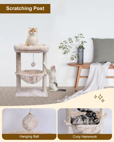 Miniatura 4 de SYANDLVY Árbol pequeño para gatos de interior, torre de actividad para gatos con poste rascador para gatitos, muebles para gatos con cesta y bola