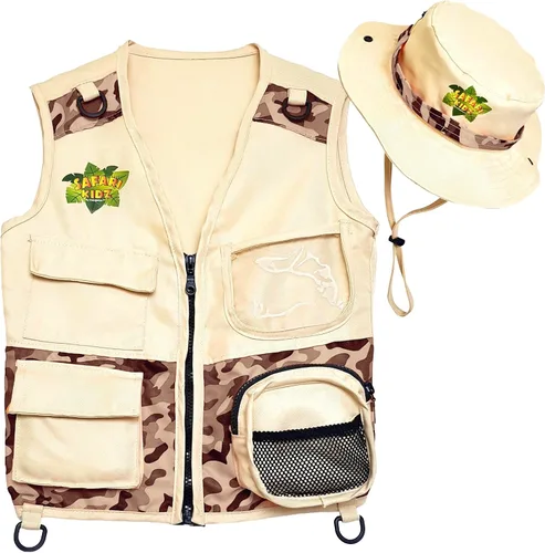 Safari Kidz - Kit de explorador al aire libre, juego de chaleco y sombrero de camuflaje bronceado, aventuras de la naturaleza en el patio trasero,