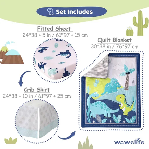 Miniatura 4 de Juego de cama de cuna de dinosaurio mini para niños azul de 3 piezas Premium, juego de sábanas para bebé, juego de cuna de dinosaurios