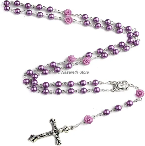 Miniatura 2 de Nazareth Store Collar de rosario con cuentas de perlas moradas católicas Our Rose Lourdes Medal & Cross NS