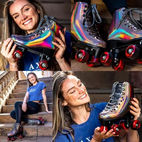 Miniatura 3 de JajaHoho Patines de ruedas para mujer, de cuero PU holográfico negro de alta calidad, patines de doble fila brillantes con cuatro ruedas para niñas
