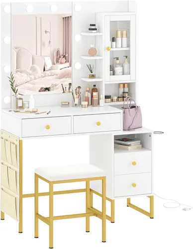 Miniatura 6 de YIKEHOME Makeup Vanity Desk with Mirror, LED Lights and Power Outlet Vanity Table Set with Large Drawers and and Charging Station for Bedroom