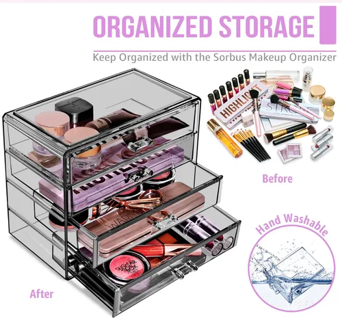 Miniatura 5 de Sorbus Organizador de maquillaje – Organizador de maquillaje acrílico de 4 cajones y almacenamiento para cosméticos, joyas, suministros de belleza