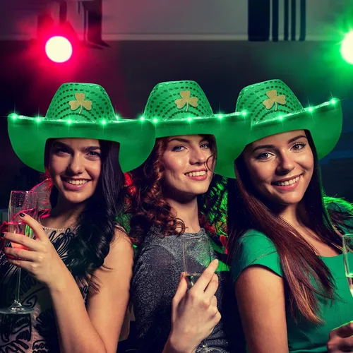 Miniatura 5 de Silicherry Paquete de 6 sombreros de vaquero de trébol de San Patricio con luz LED, sombrero de vaquera verde trébol, sombrero irlandés