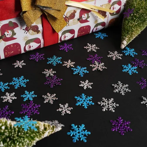 Miniatura 3 de Decoraciones de confeti de copo de nieve de Navidad, 1200 unidades, confeti morado, azul, plateado, paquete de fiesta de nieve para Navidad