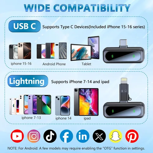 Miniatura 4 de Micrófono inalámbrico mini para iPhone 15 16, iPad, Android, paquete de 2 micrófonos lavalier con pantalla LED y reducción de ruido, micrófono