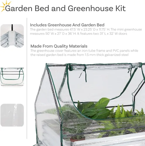 Miniatura 2 de Sunnydaze - Cama de jardín elevada de acero con mini invernadero, kit de invernadero para exteriores, 2 puertas con cremallera, transparente, 4 x 2