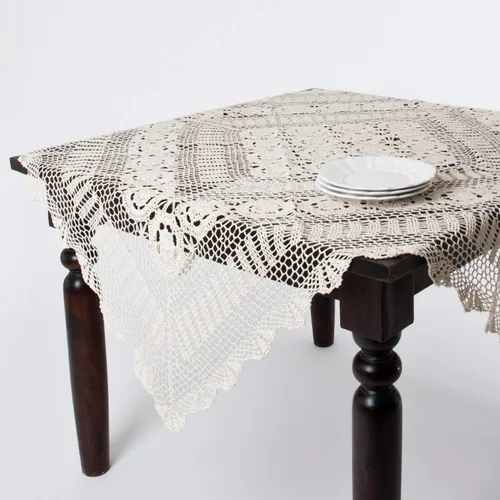 Miniatura 2 de Fennco Styles Cluny Collection Mantel de algodón con encaje de ganchillo hecho a mano, cuadrado de 30 pulgadas, mantel color crudo para bodas