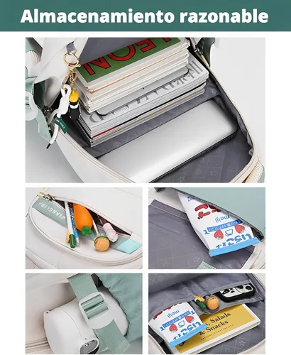 Miniatura 6 de Mochila Kawaii con bonitos accesorios, protección para la columna vertebral, antiladrón, bonita bolsa de libro estética, Verde (Mint Green), Kawaii