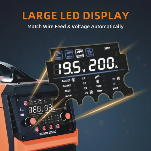 Miniatura 3 de Soldador MIG 200A Soldador de Alimentación de Alambre Sinérgico Máquina de Soldadura Portátil, 4 en 1 Gas MIG/Núcleo Fundente MIG/Electrodo/TIG por