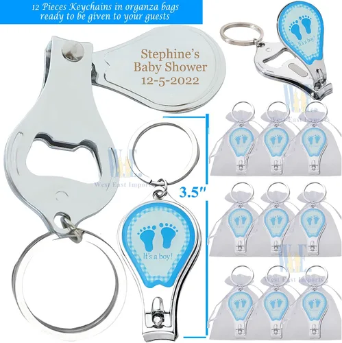 Miniatura 2 de 12 llaveros personalizados para baby shower, color azul niño, cortaúñas y abrebotellas, regalo personalizado con grabado láser (huella)