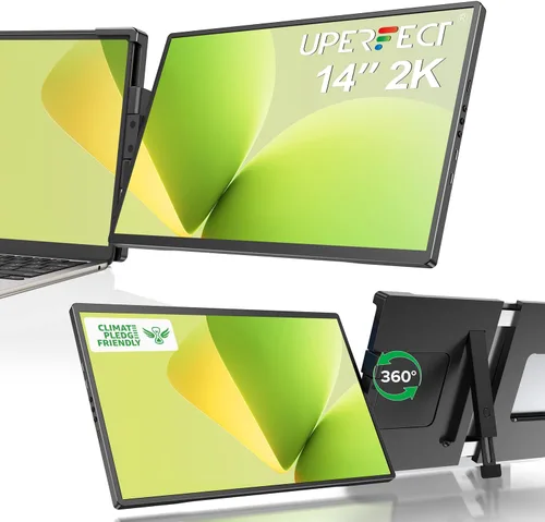 UPERFECT Extensor de pantalla para laptop, 2K 14" 360° Bisagra giratoria única con rotación automática de 180°, monitor portátil QHD IPS de 2240 x