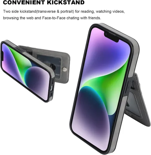 Miniatura 5 de KIHUWEY Funda compatible con iPhone 14 con soporte para tarjeta de crédito, cierre magnético de cuero de alta calidad, función atril, funda Gris