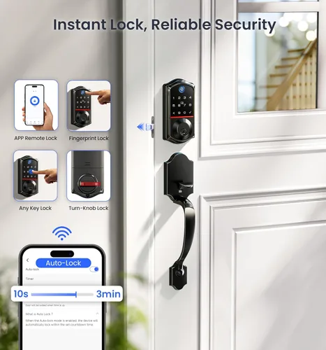 Miniatura 7 de Veise VE017G-H - Juego de cerradura inteligente de huellas dactilares para puerta delantera, control remoto, cerrojo de entrada sin llave con asa