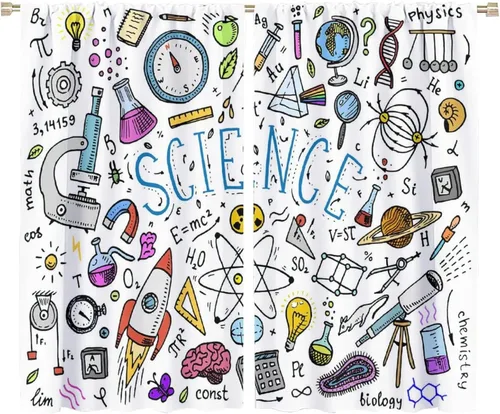 Miniatura 71 de Cortinas opacas para ventanas de ciencia para niños, lupa de libro de laboratorio de ciencia, lupa, frascos moleculares, cortinas impresas