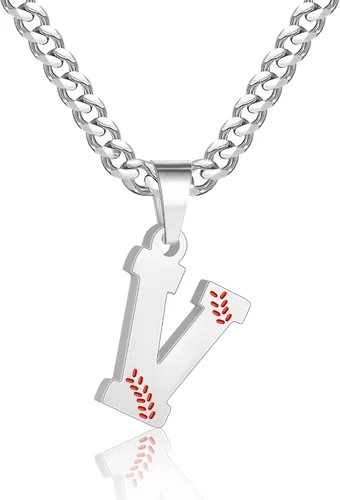 Miniatura 68 de Avotto Collar de béisbol con letra inicial de la A a la Z para niños y hombres, cadena cubana de acero inoxidable resistente que no se decolora
