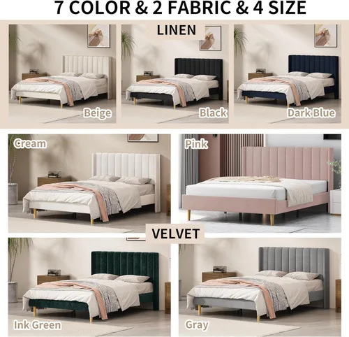 Miniatura 8 de Base de cama Queen con cabecero, base de cama de plataforma con respaldo de terciopelo vertical copetudo, soporte de listones de madera, no necesita