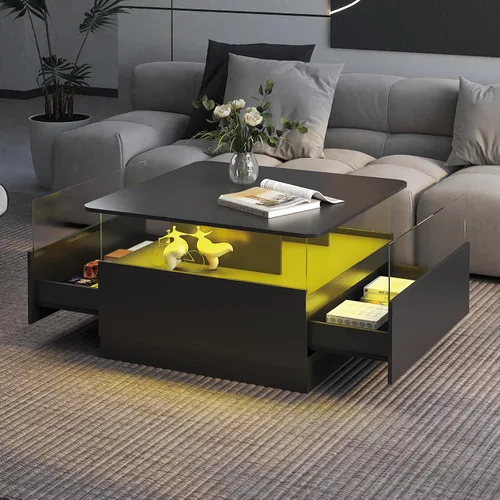 Miniatura 8 de HedoAjim Mesas de centro cuadradas con almacenamiento, mesa de centro moderna para sala de estar, mesas de centro redondas negras y 2 cajones Negro
