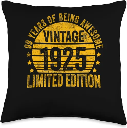 Retro 99th Birthday Gifts Men Women 99 Year Old Vintage 1925 Limited Edition Bday Throw Pillow, 16x16, Multicolor