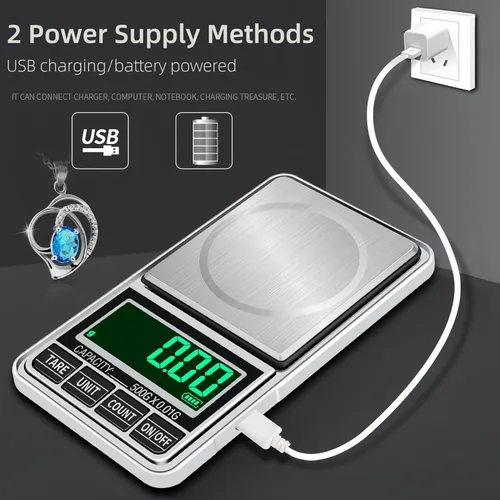 Miniatura 5 de Báscula digital de bolsillo para joyería, 17.64 oz, 0.00 oz, precisión recargable por USB, portátil, mini gramos, báscula de alimentos para moneda