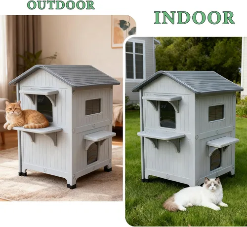 Miniatura 8 de Casa para gatos al aire libre, resistente a la intemperie, casas de plástico para gatos con puerta de escape, 2 pisos para interiores, impermeable