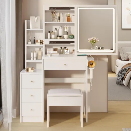 Miniatura 10 de BNSPLY 29.2" W Small Vanity Desk with Sliding Mirror, Black Makeup Vanity Set with 4 Drawers and 5 Shelves, Dressing Table with Cushion Stool for