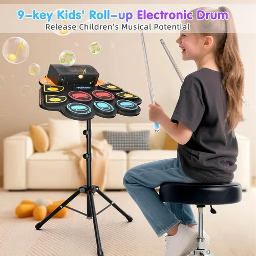 Miniatura 7 de Juego de batería eléctrica para niños, almohadilla electrónica con baquetas iluminadas y soporte de batería, altavoces dobles integrados y batería