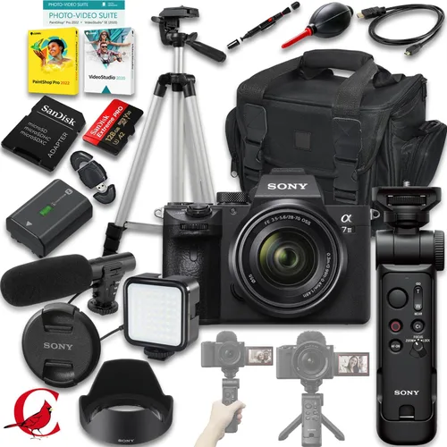 Sony Cámara sin espejo a7 III con lente FE 1.102-2.756 in f/3.5-5.6 OSS + agarre inalámbrico Sony GP-VPT3 + tarjeta de memoria de 128 GB + luz LED +