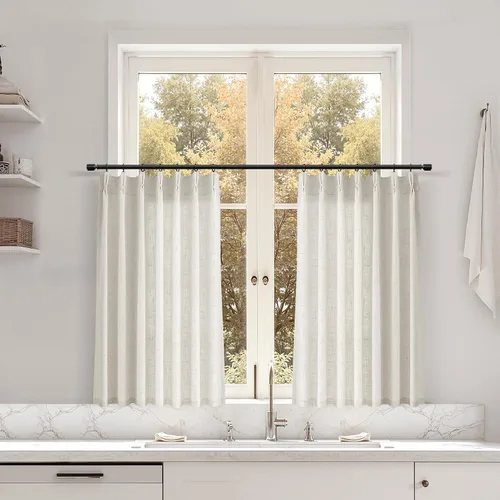 Miniatura 154 de Juego de 2 paneles de cortinas de ventana de cocina beige de 24 pulgadas de largo, con textura de lino, plisadas, filtrantes de luz, semi pequeñas