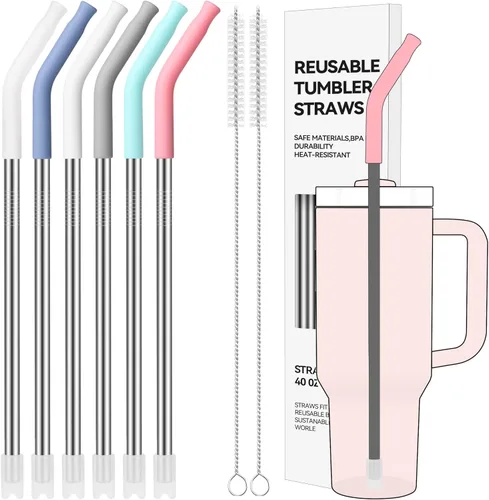 Miniatura 18 de Pajitas de Metal Rectas de 40 oz para Vaso Stanley de 40 oz, 6 Piezas Pajitas de Metal Reutilizables de Acero Inoxidable para Beber con Puntas de 2