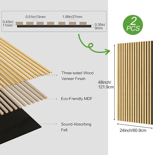 Miniatura 3 de Paquete de 2 paneles de madera para pared, paneles acústicos de listones de madera de 48 x 24 pulgadas, paneles acústicos para decoración de paredes