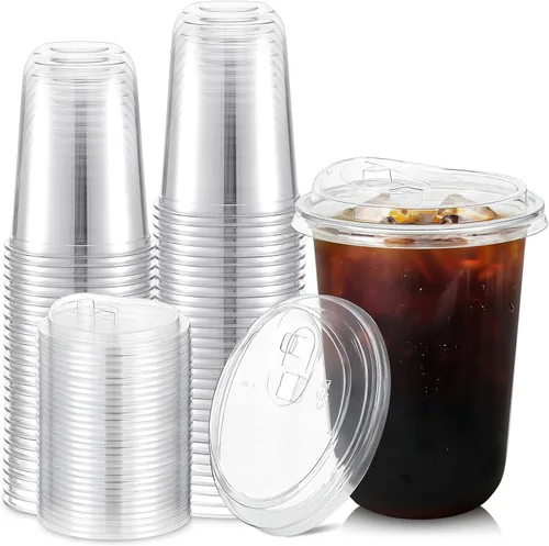 Ziliny Juego de 50 vasos de plástico transparente con tapas para sorber sin pajilla, tazas de café helado transparentes gruesas y desechables para