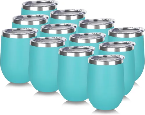 Miniatura 20 de DOMICARE - Juego de 8 vasos de vino de 12 onzas con tapa, hechos de acero inoxidable con aislamiento al vacío de doble pared, color celeste Azul