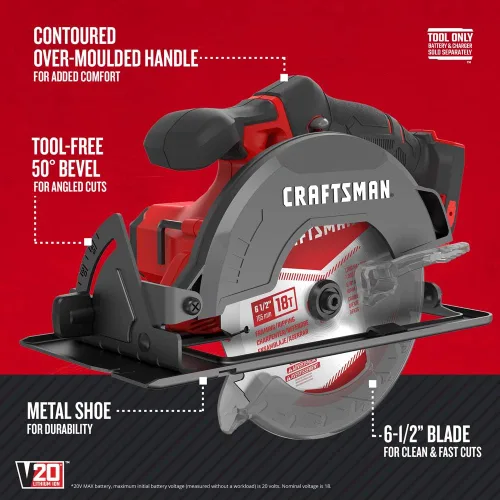 Miniatura 2 de CRAFTSMAN Sierra Circular Inalámbrica V20, 6-1/2 pulgadas, Solo Herramienta (CMCS500B)