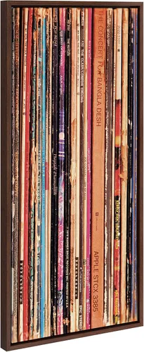 Kate and Laurel Sylvie - Lienzo decorativo enmarcado de 33 RPM por Robert Cadloff de Bomobob; 18 x 40; marrón; arte musical decorativo para pared