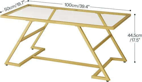 Miniatura 2 de HOOBRO Mesa auxiliar, mesa de centro rectangular dorada, mesa central de cristal moderna, mesas de té centrales de 2 niveles con marco de metal